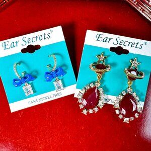 New 2 Pair Ear Secrets Blue Ribbon & Red Rhinestone Pierced Earrings Nickel Free